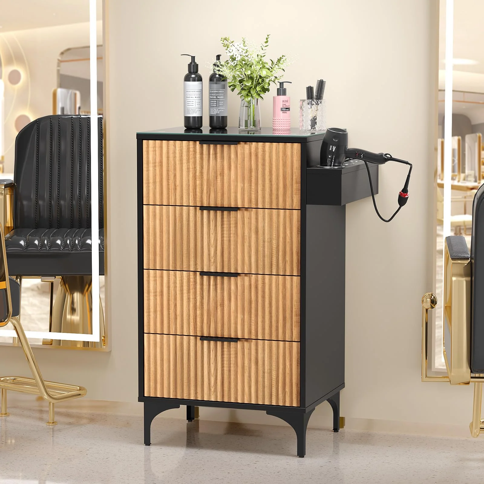 OmySalon SCWFD Modern Retro Style Salon Styling Storage Station Cabinet with Removable Glass Top & 4 Drawers 3 Hot Tool Holders - Image 2