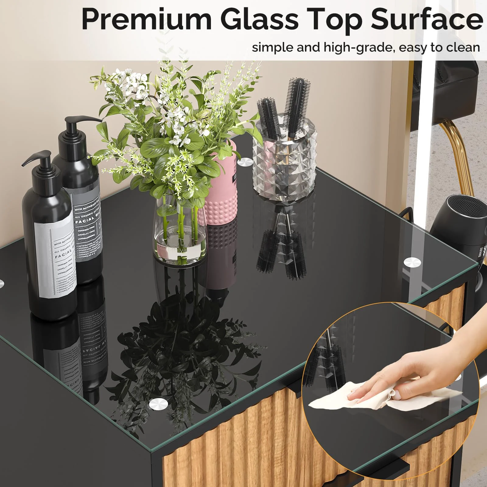 OmySalon SCWFD Modern Retro Style Salon Styling Storage Station Cabinet with Removable Glass Top & 4 Drawers 3 Hot Tool Holders - Image 4