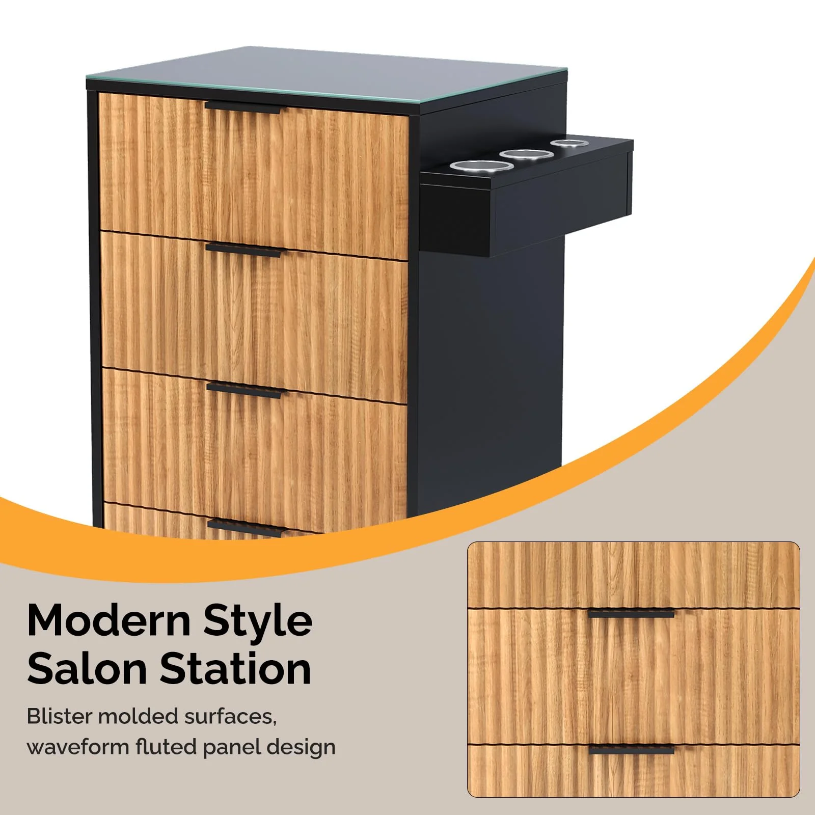 OmySalon SCWFD Modern Retro Style Salon Styling Storage Station Cabinet with Removable Glass Top & 4 Drawers 3 Hot Tool Holders - Image 5
