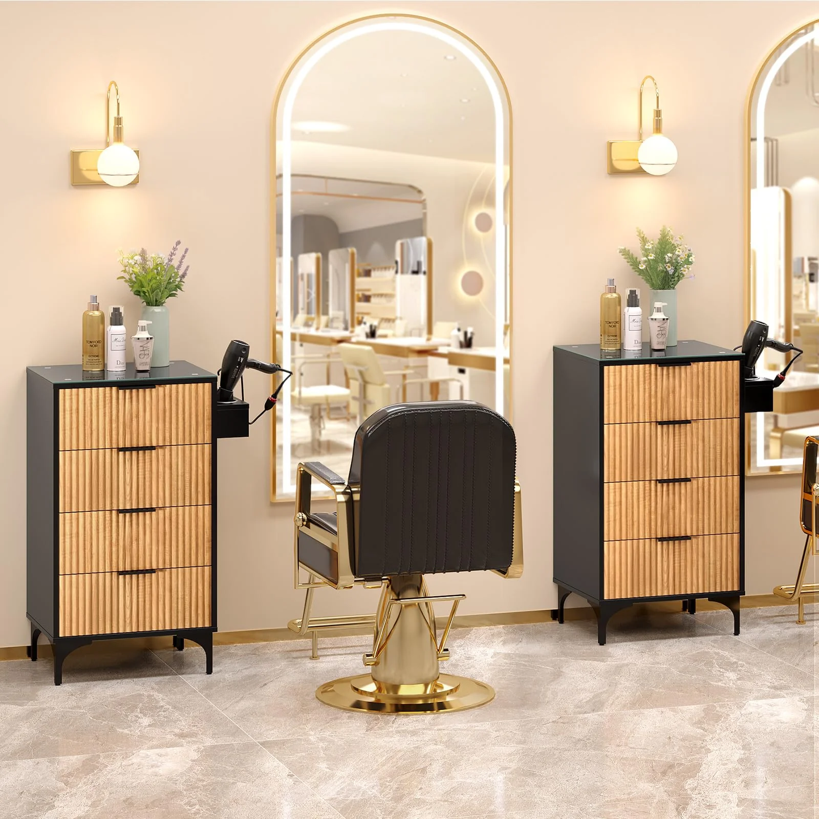 OmySalon SCWFD Modern Retro Style Salon Styling Storage Station Cabinet with Removable Glass Top & 4 Drawers 3 Hot Tool Holders - Image 9