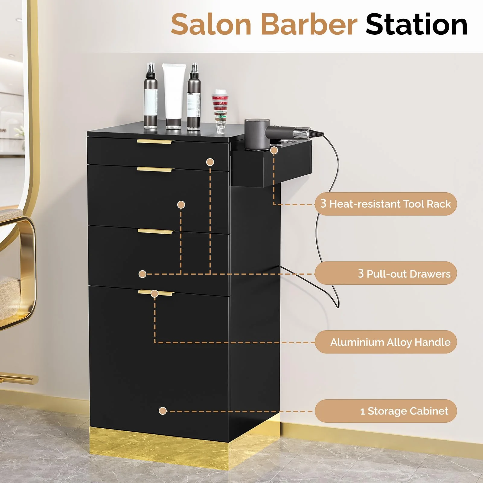 OmySalon SCWS Modern Style Salon Styling Storage Station with 3 Drawers 1 Cabinet 3 Hair Dryer Holders - Image 5
