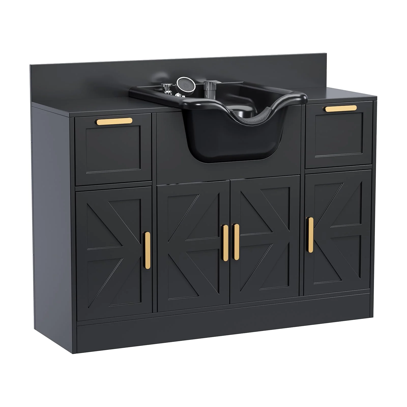 Omysalon SCWSB Freestanding Salon Wet Cabinet Station with Storage Drawers, Shampoo Bowl & Geometric Finish