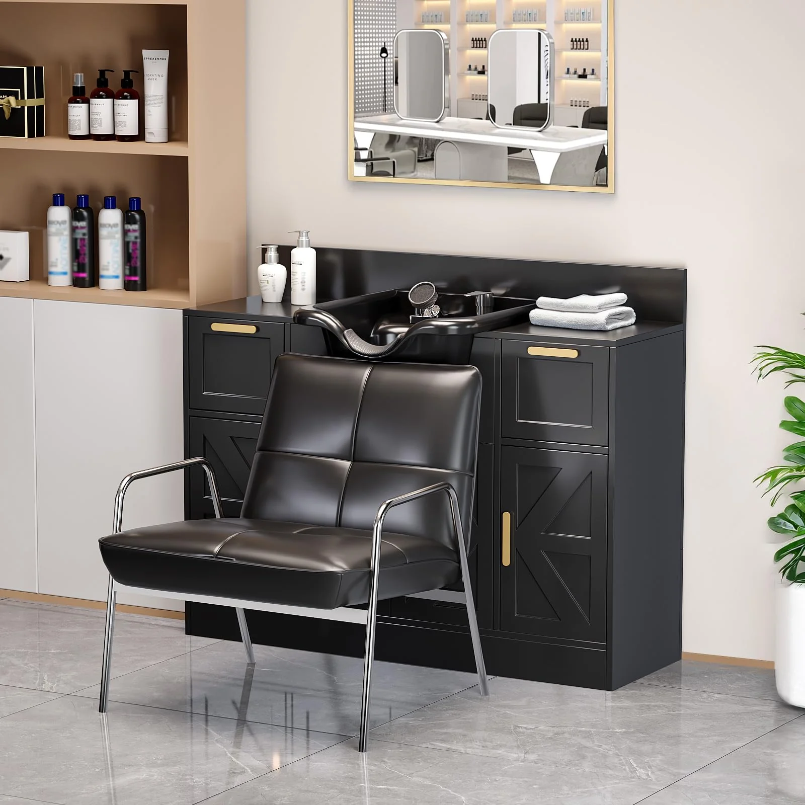 Omysalon SCWSB Freestanding Salon Wet Cabinet Station with Storage Drawers, Shampoo Bowl & Geometric Finish - Image 2