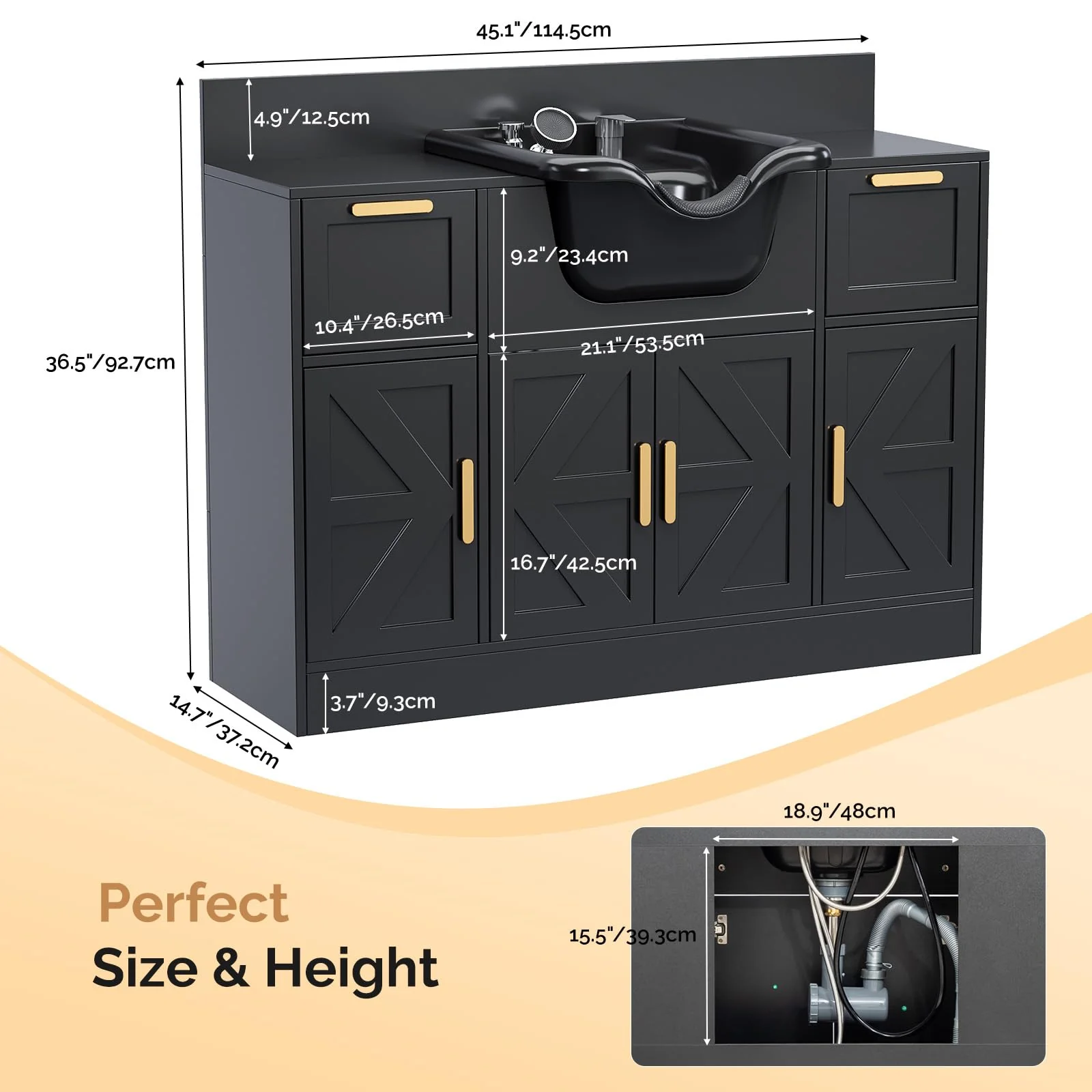 Omysalon SCWSB Freestanding Salon Wet Cabinet Station with Storage Drawers, Shampoo Bowl & Geometric Finish - Image 3