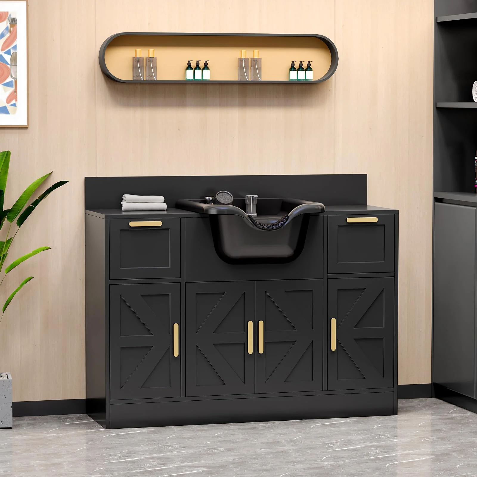 Omysalon SCWSB Freestanding Salon Wet Cabinet Station with Storage Drawers, Shampoo Bowl & Geometric Finish - Image 9