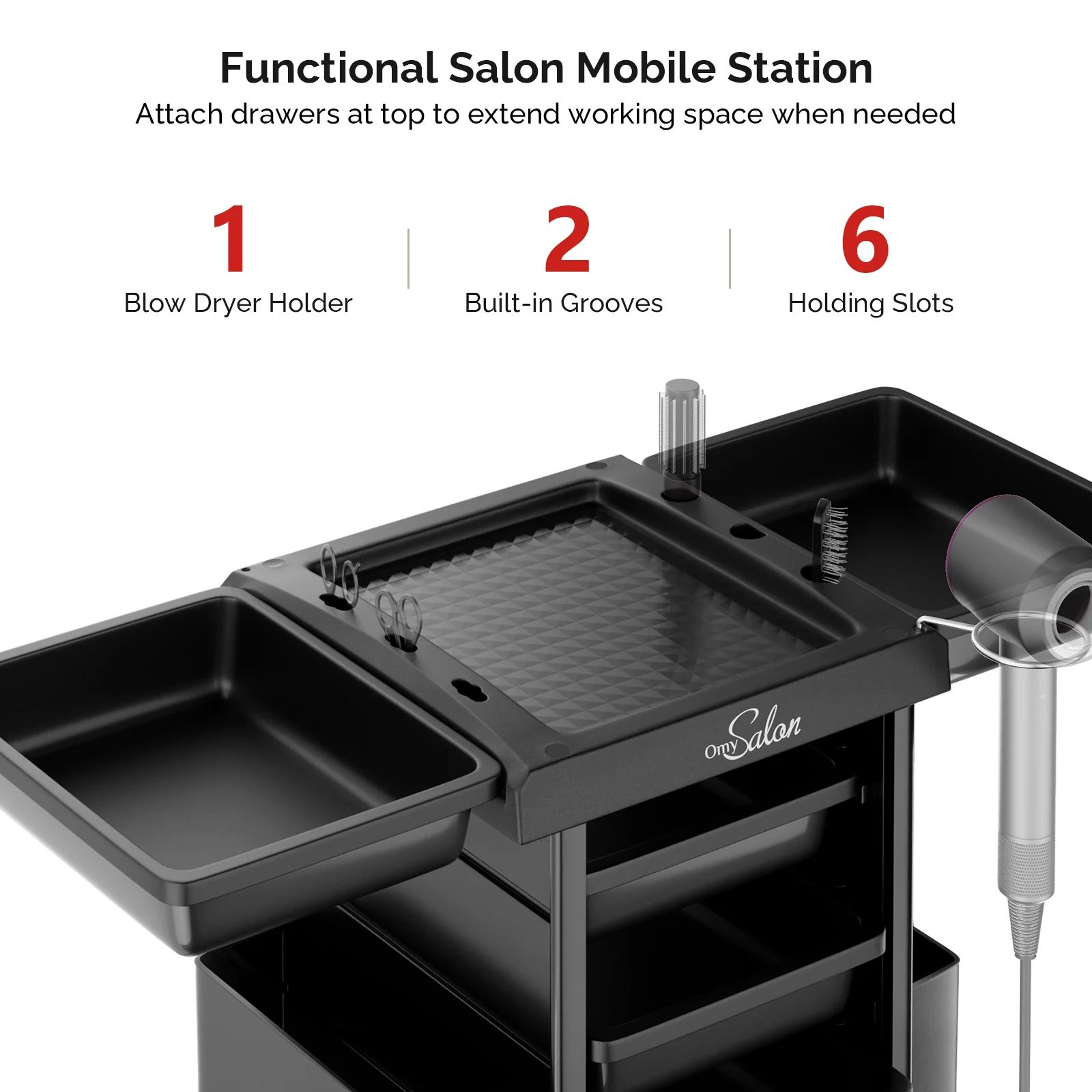 OmySalon ST1101 Multipurpose Rolling Salon Trolley Cart w/Wheels & 6 Drawers Hair Dryer Holders - Image 4
