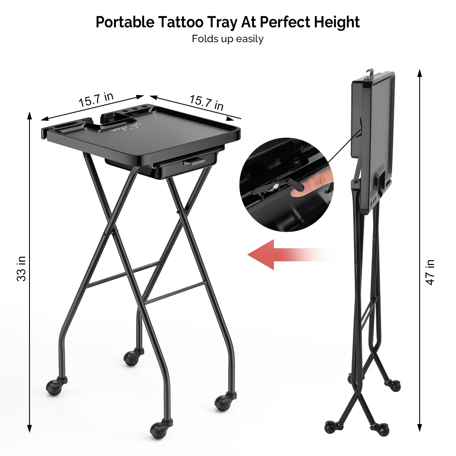 OmySalon ST1203 Foldable Rolling Salon Tray Trolley Cart w/Wheels & 2 Color Bowls 1 Drawer - Image 9