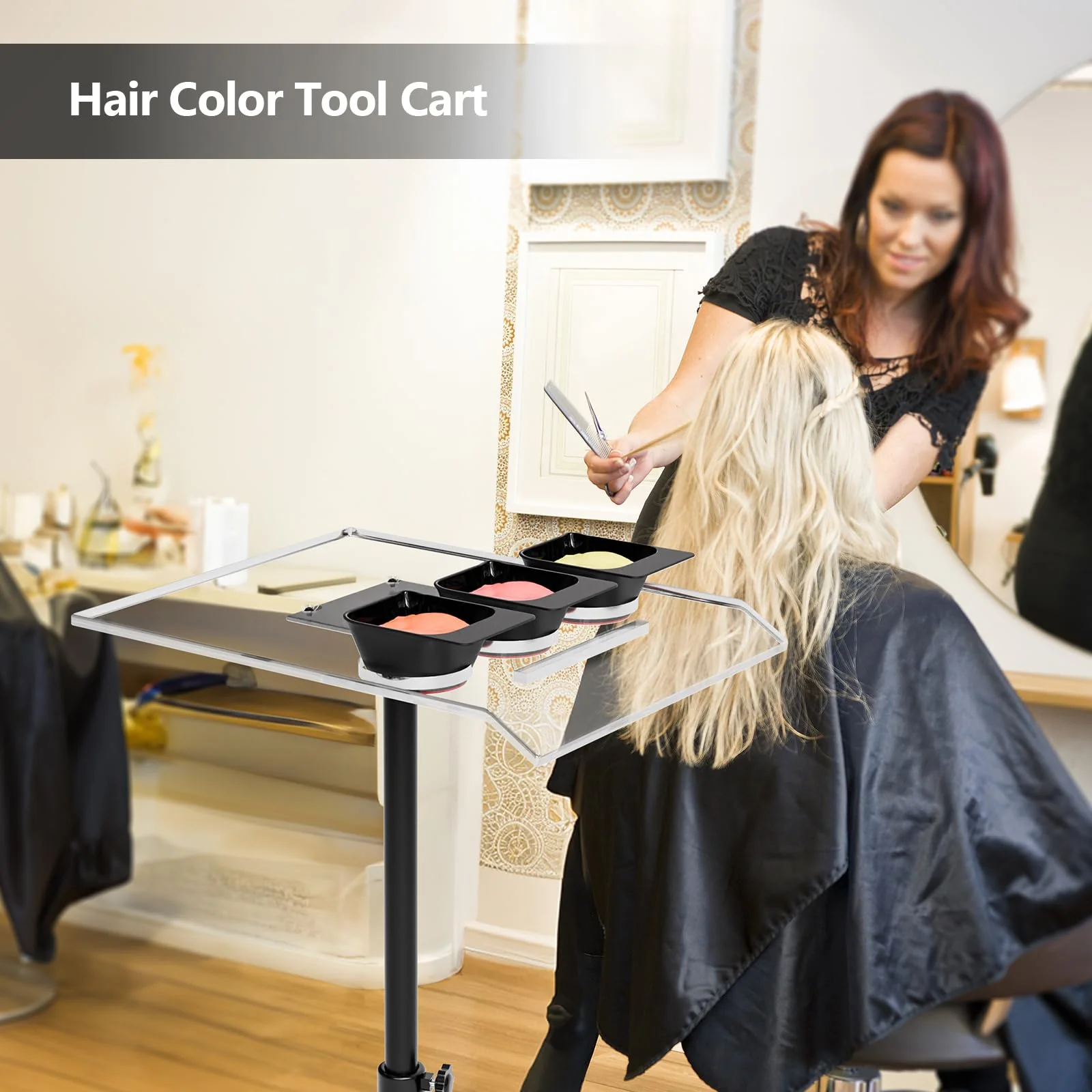 OmySalon STA Height Adjustable Rolling Salon Tray Trolley Cart w/Wheels & Acrylic Tray 3 Color Bowls 2 Magnetic Marker Pens - Image 5