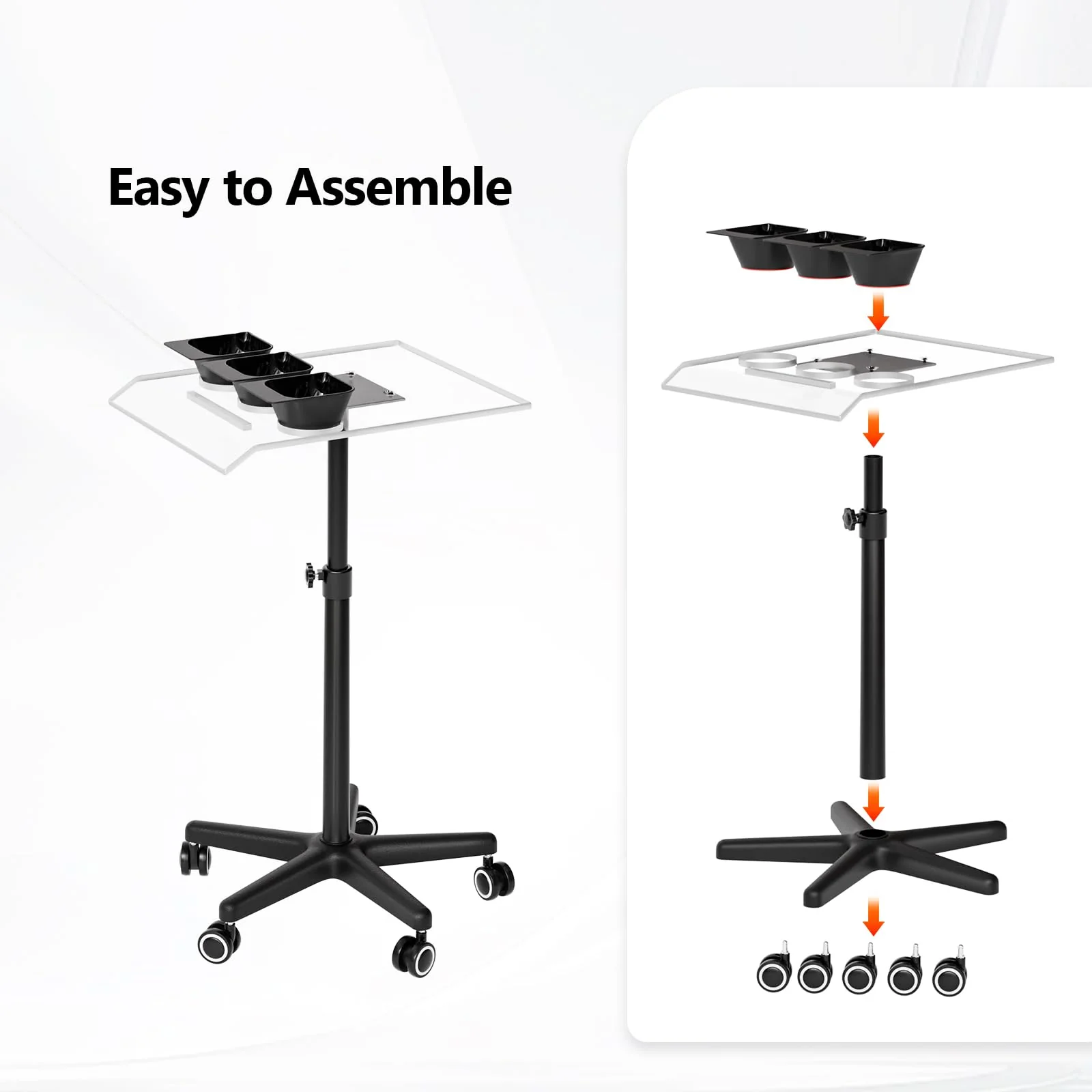 OmySalon STA Height Adjustable Rolling Salon Tray Trolley Cart w/Wheels & Acrylic Tray 3 Color Bowls 2 Magnetic Marker Pens - Image 6