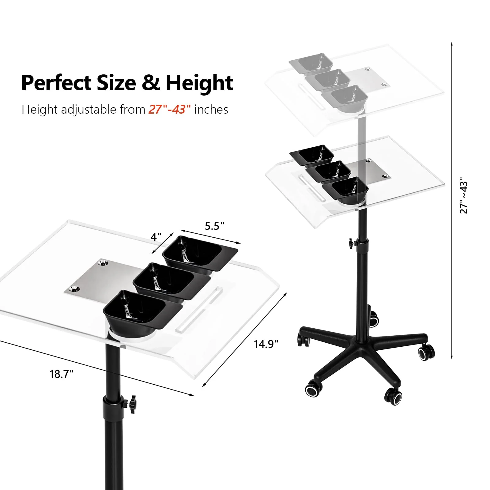 OmySalon STA Height Adjustable Rolling Salon Tray Trolley Cart w/Wheels & Acrylic Tray 3 Color Bowls 2 Magnetic Marker Pens - Image 7