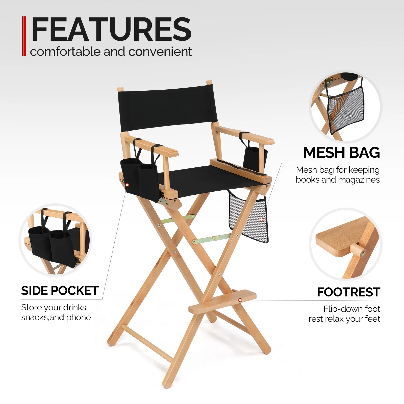 OmySalon Upgraded 31in Director Chair Folding Artist Makeup Chair with Storage Side Bags Replacement Cover Canvas - Image 13