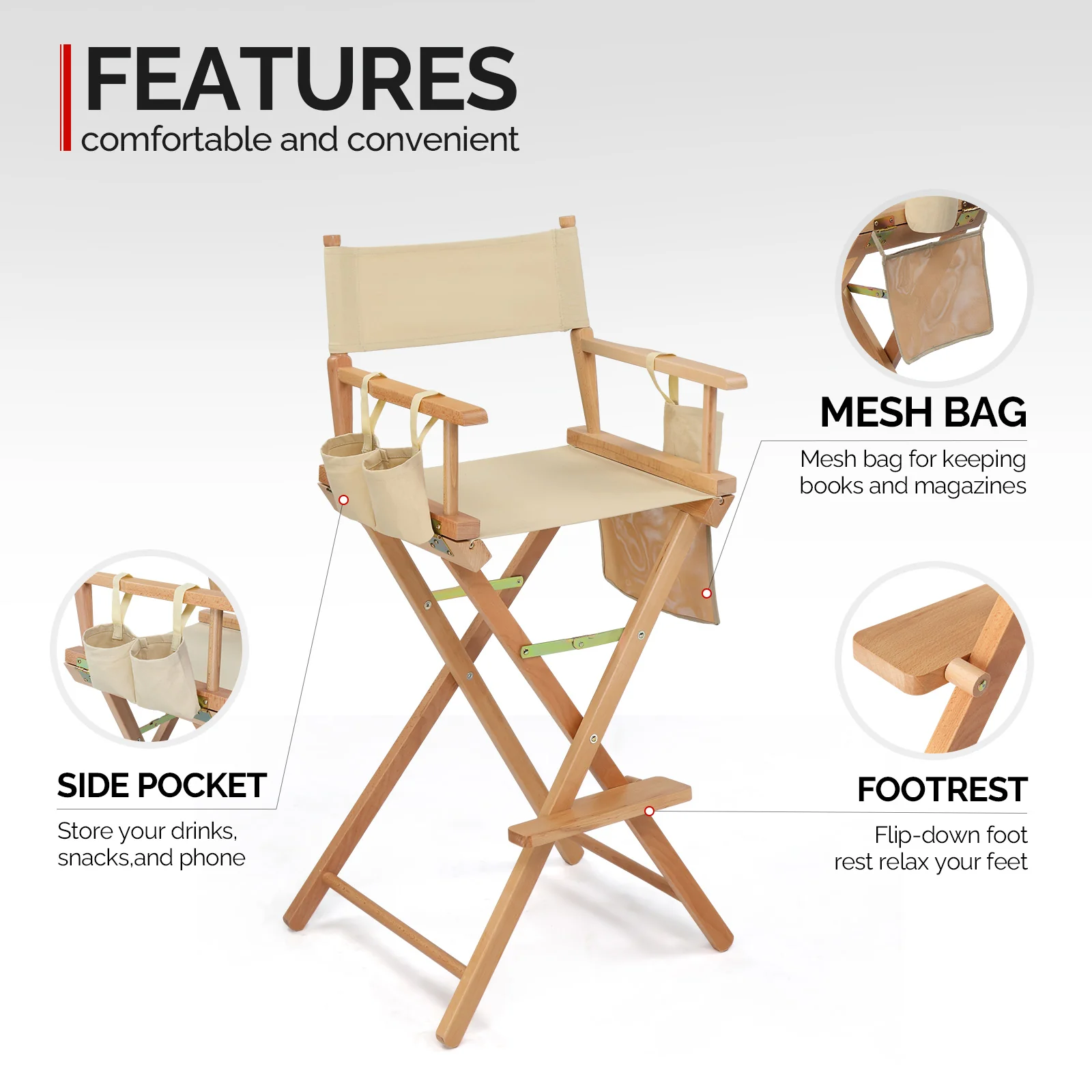 OmySalon Upgraded 31in Director Chair Folding Artist Makeup Chair with Storage Side Bags Replacement Cover Canvas - Image 3