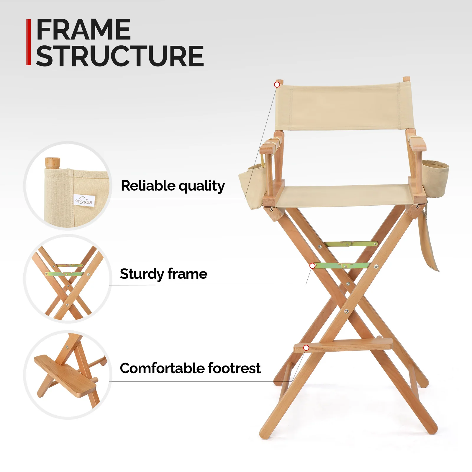 OmySalon Upgraded 31in Director Chair Folding Artist Makeup Chair with Storage Side Bags Replacement Cover Canvas - Image 4