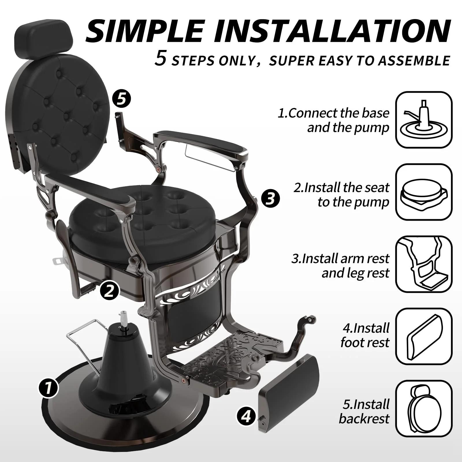 OmySalon BC1101 Vintage Style Heavy Duty Hydraulic Recline Barber Chair - Image 26