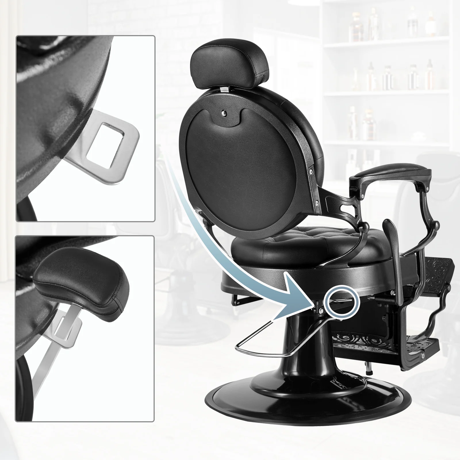 OmySalon BC1101 Vintage Style Heavy Duty Hydraulic Recline Barber Chair - Image 5