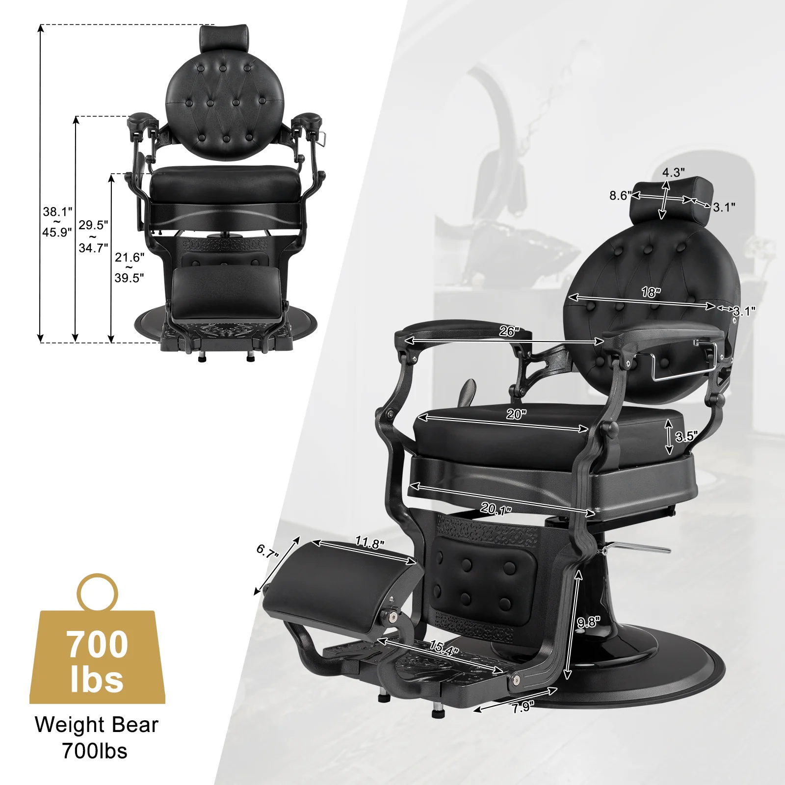 OmySalon BC1601 Vintage Style Heavy Duty Hydraulic Recline Barber Chair - Image 15