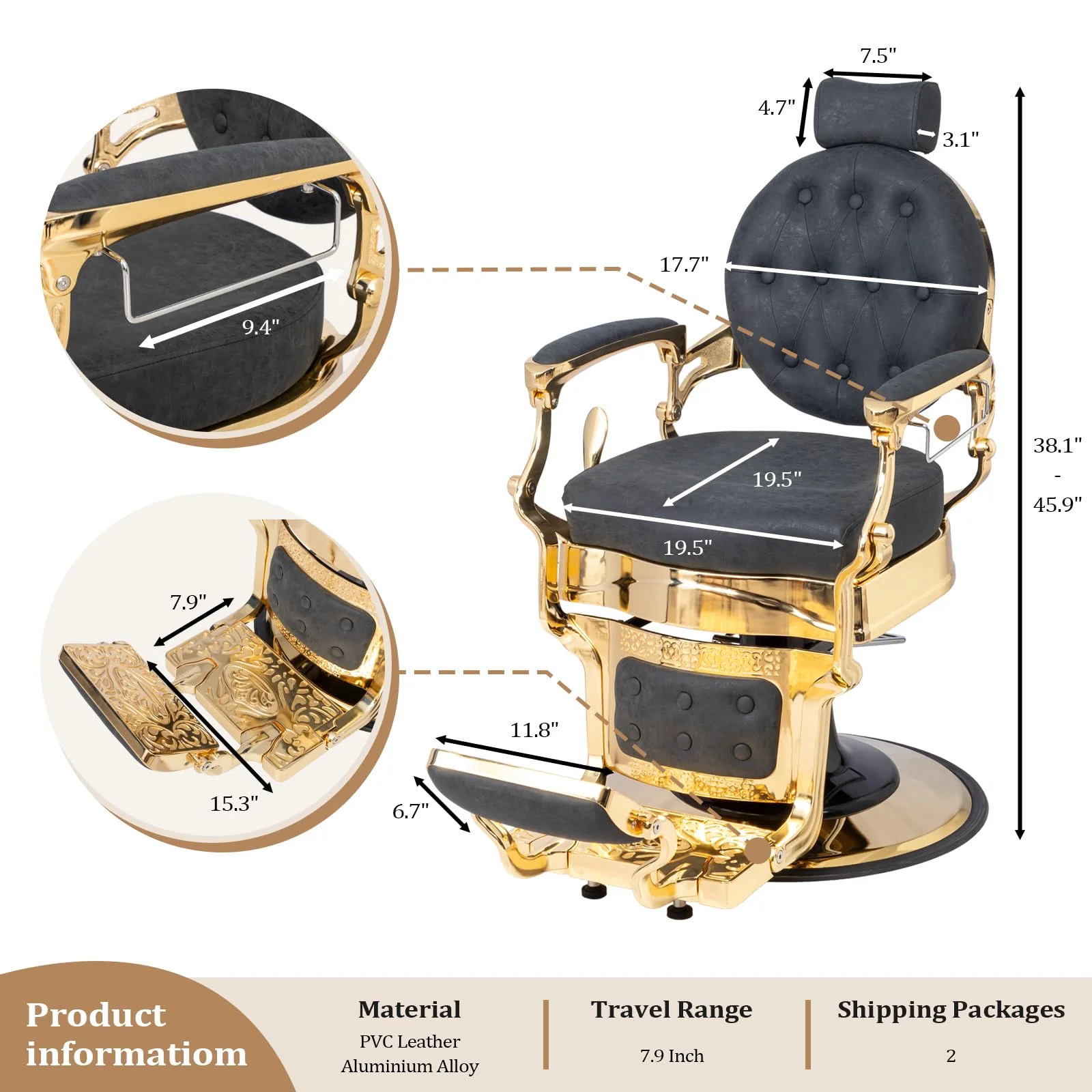 OmySalon BC1601 Vintage Style Heavy Duty Hydraulic Recline Barber Chair - Image 29