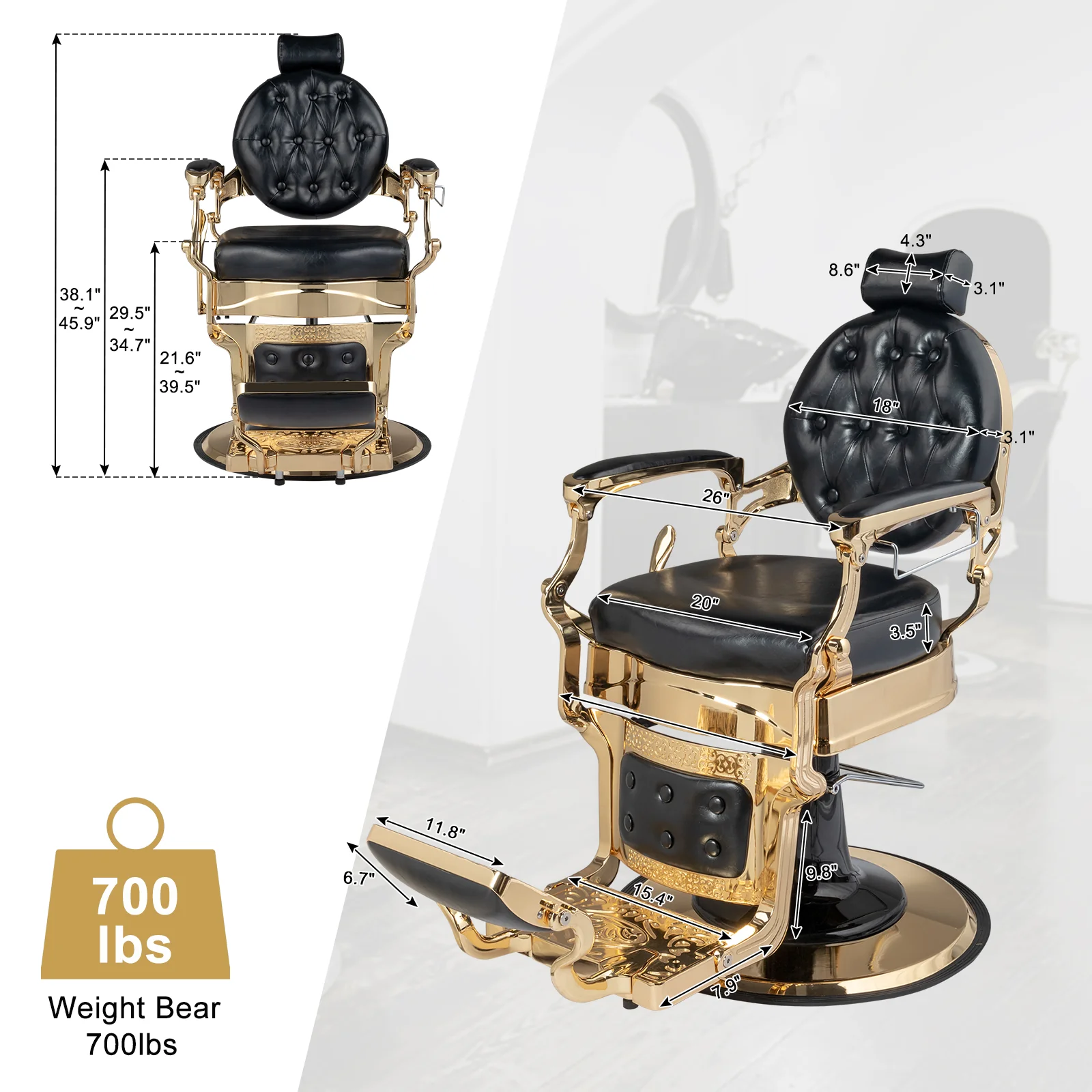 OmySalon BC1601 Vintage Style Heavy Duty Hydraulic Recline Barber Chair - Image 4