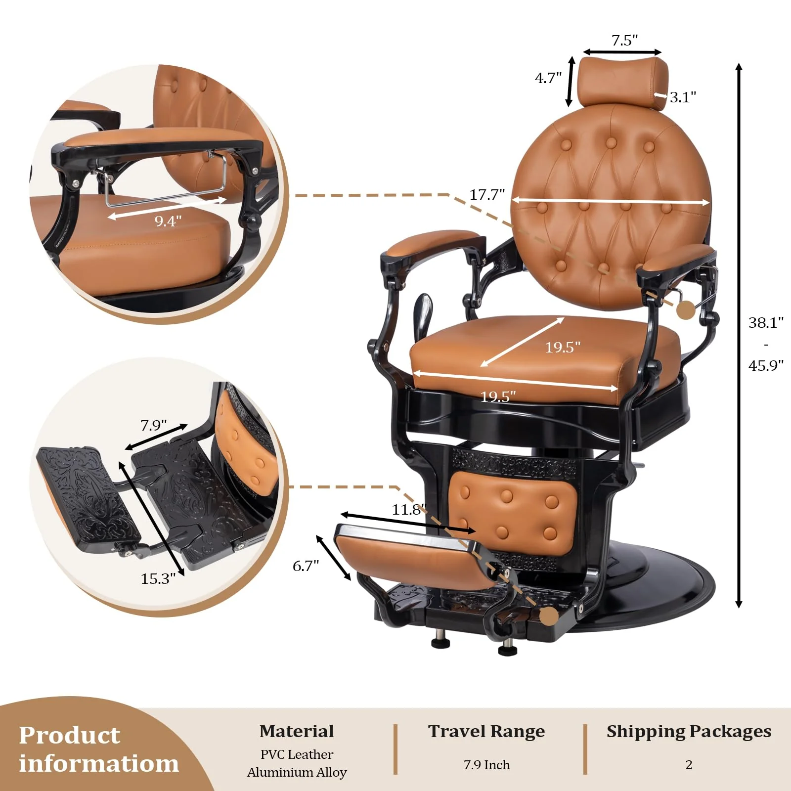 OmySalon BC1601 Vintage Style Heavy Duty Hydraulic Recline Barber Chair - Image 44