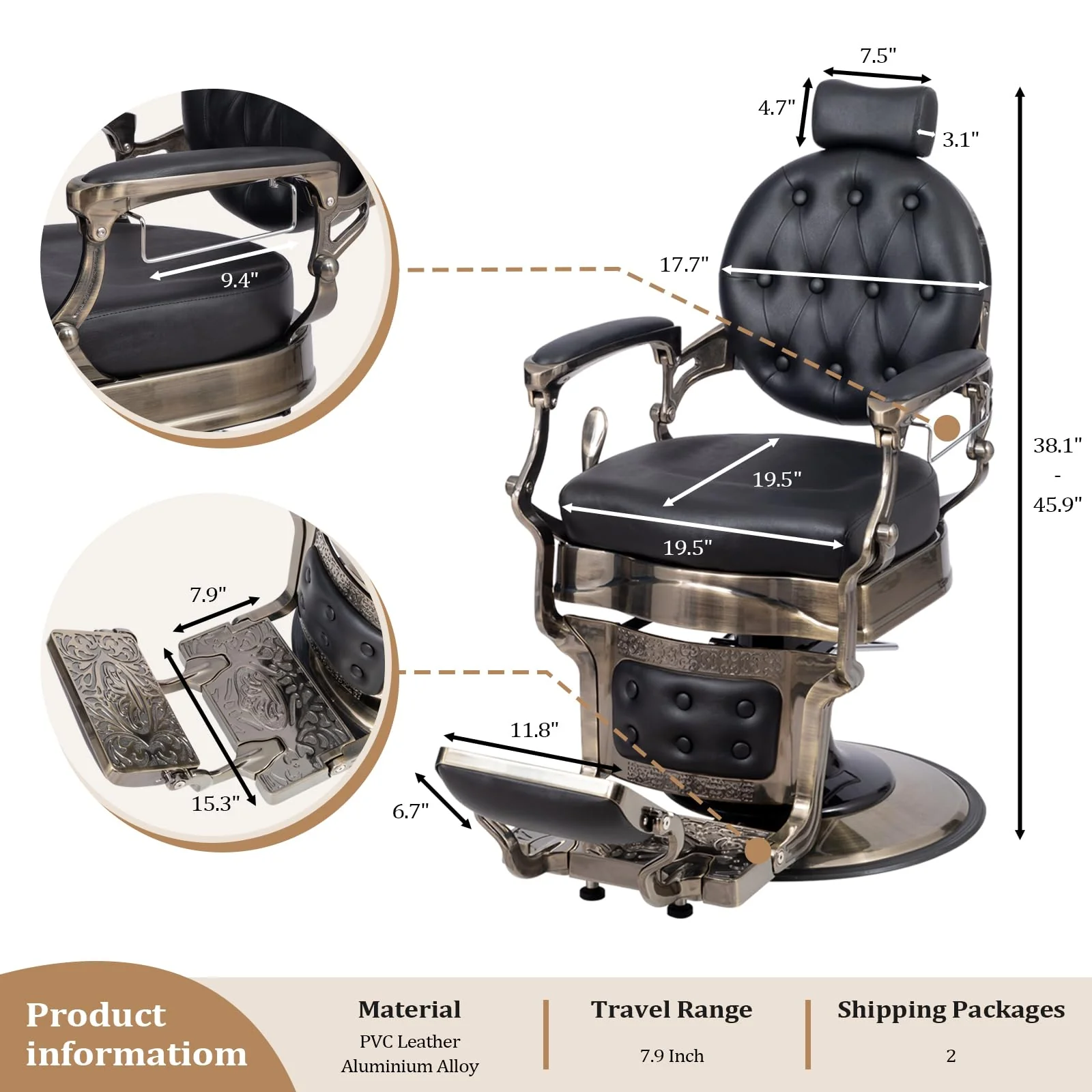 OmySalon BC1601 Vintage Style Heavy Duty Hydraulic Recline Barber Chair - Image 52