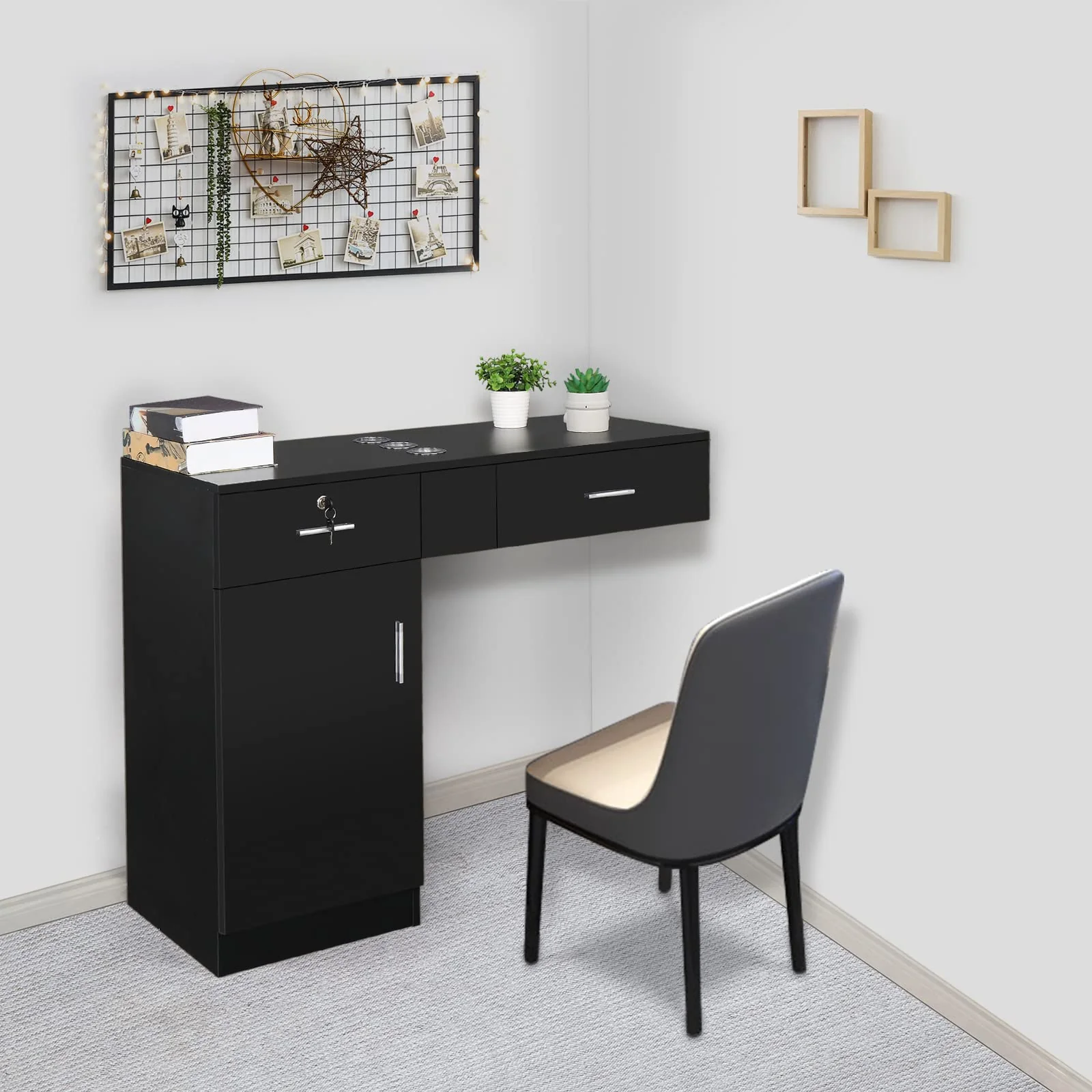 OmySalon Wall Mount Barber Salon Station with a Storage Cabinet 2 Drawers 3 Hair Dryer Holders - Image 7