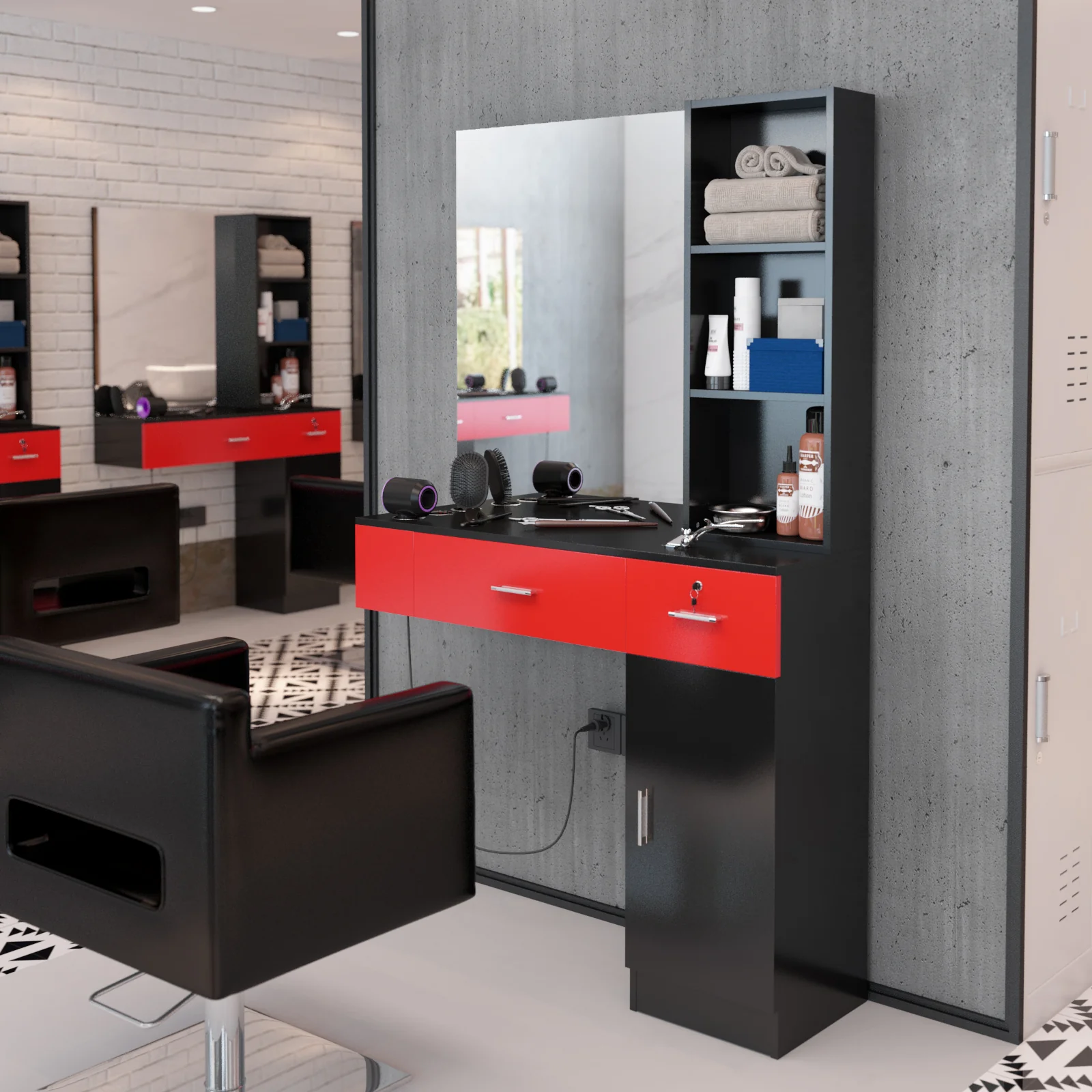 OmySalon HSC-15 Wall Mount Barber Station 2 Drawers 1 Storage Cabinet 3 Open Shelves with Mirror - Image 10