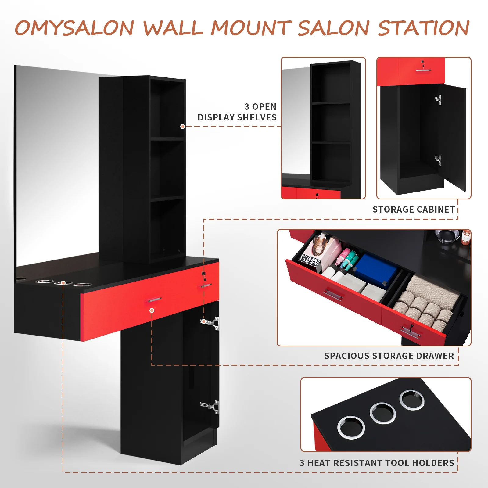 OmySalon HSC-15 Wall Mount Barber Station 2 Drawers 1 Storage Cabinet 3 Open Shelves with Mirror - Image 11