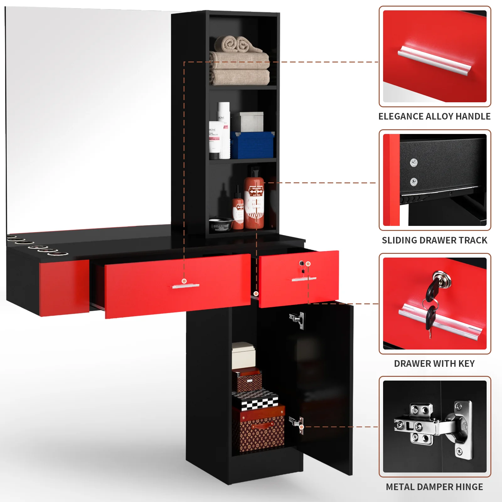 OmySalon HSC-15 Wall Mount Barber Station 2 Drawers 1 Storage Cabinet 3 Open Shelves with Mirror - Image 12