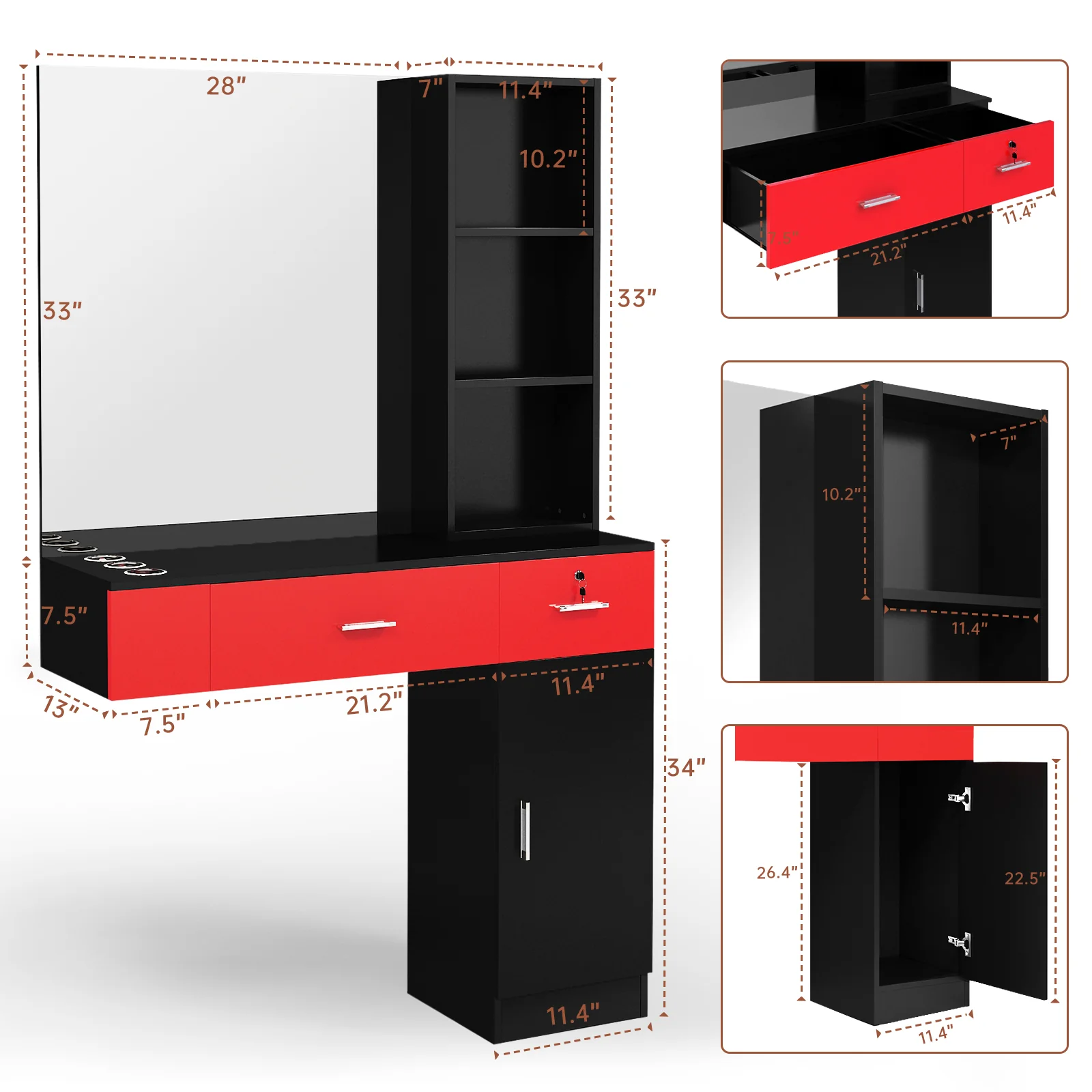 OmySalon HSC-15 Wall Mount Barber Station 2 Drawers 1 Storage Cabinet 3 Open Shelves with Mirror - Image 14