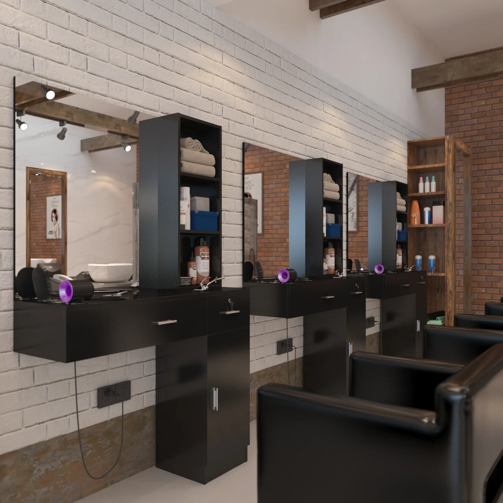 OmySalon HSC-15 Wall Mount Barber Station 2 Drawers 1 Storage Cabinet 3 Open Shelves with Mirror - Image 3