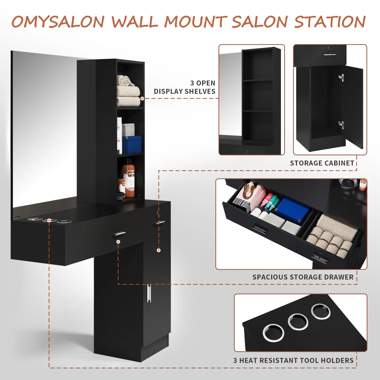 OmySalon HSC-15 Wall Mount Barber Station 2 Drawers 1 Storage Cabinet 3 Open Shelves with Mirror - Image 4