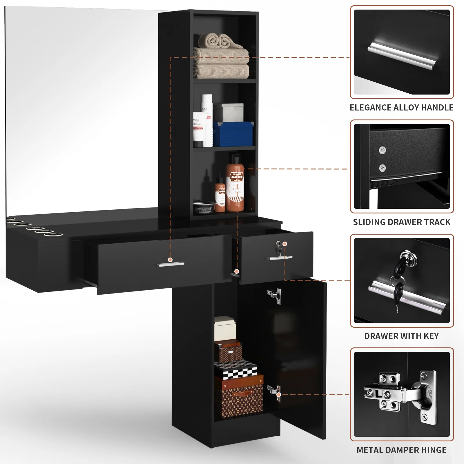 OmySalon HSC-15 Wall Mount Barber Station 2 Drawers 1 Storage Cabinet 3 Open Shelves with Mirror - Image 5