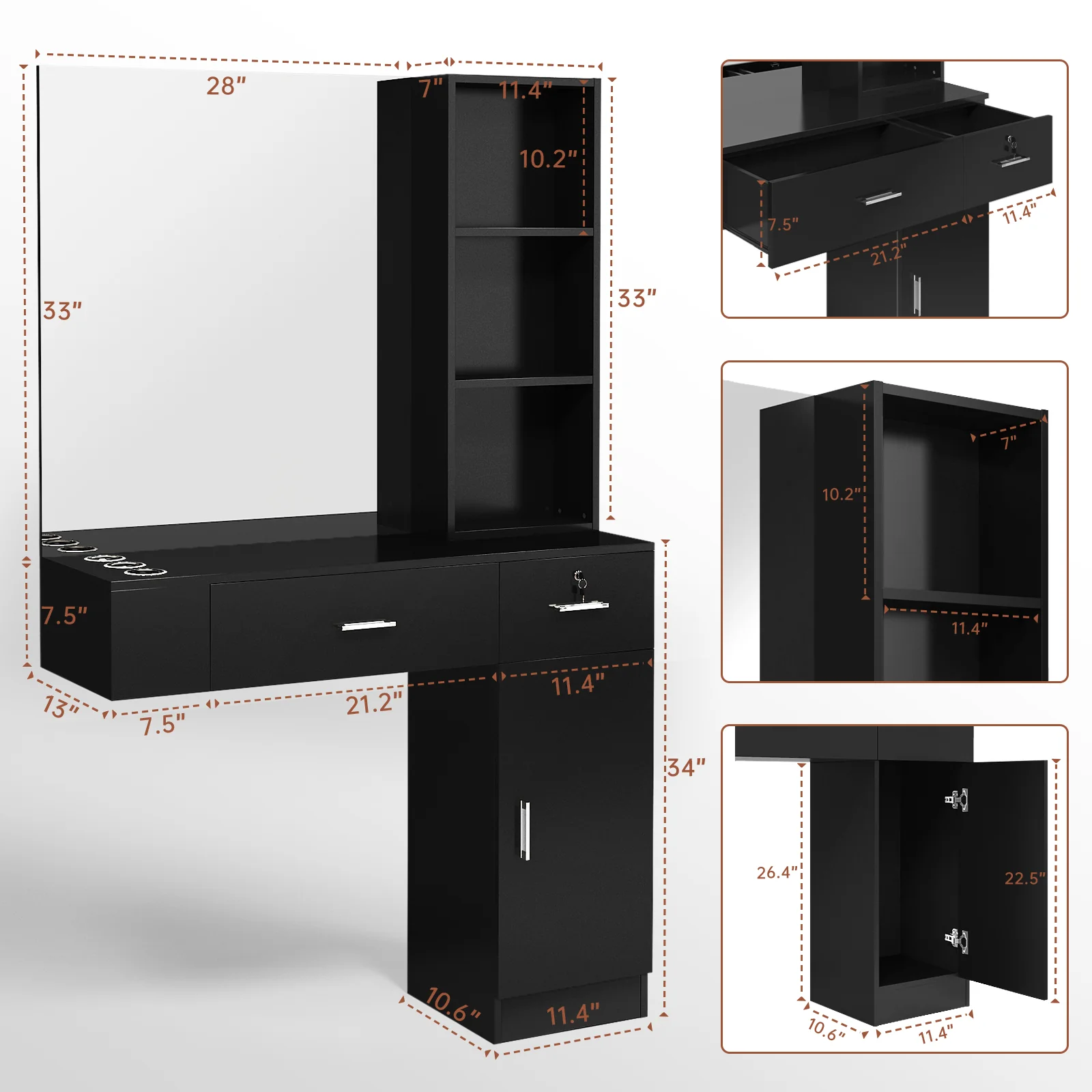 OmySalon HSC-15 Wall Mount Barber Station 2 Drawers 1 Storage Cabinet 3 Open Shelves with Mirror - Image 7