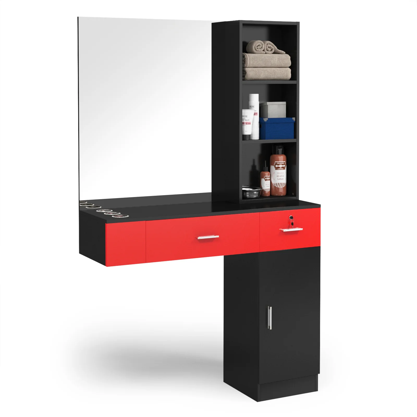 OmySalon HSC-15 Wall Mount Barber Station 2 Drawers 1 Storage Cabinet 3 Open Shelves with Mirror - Image 8