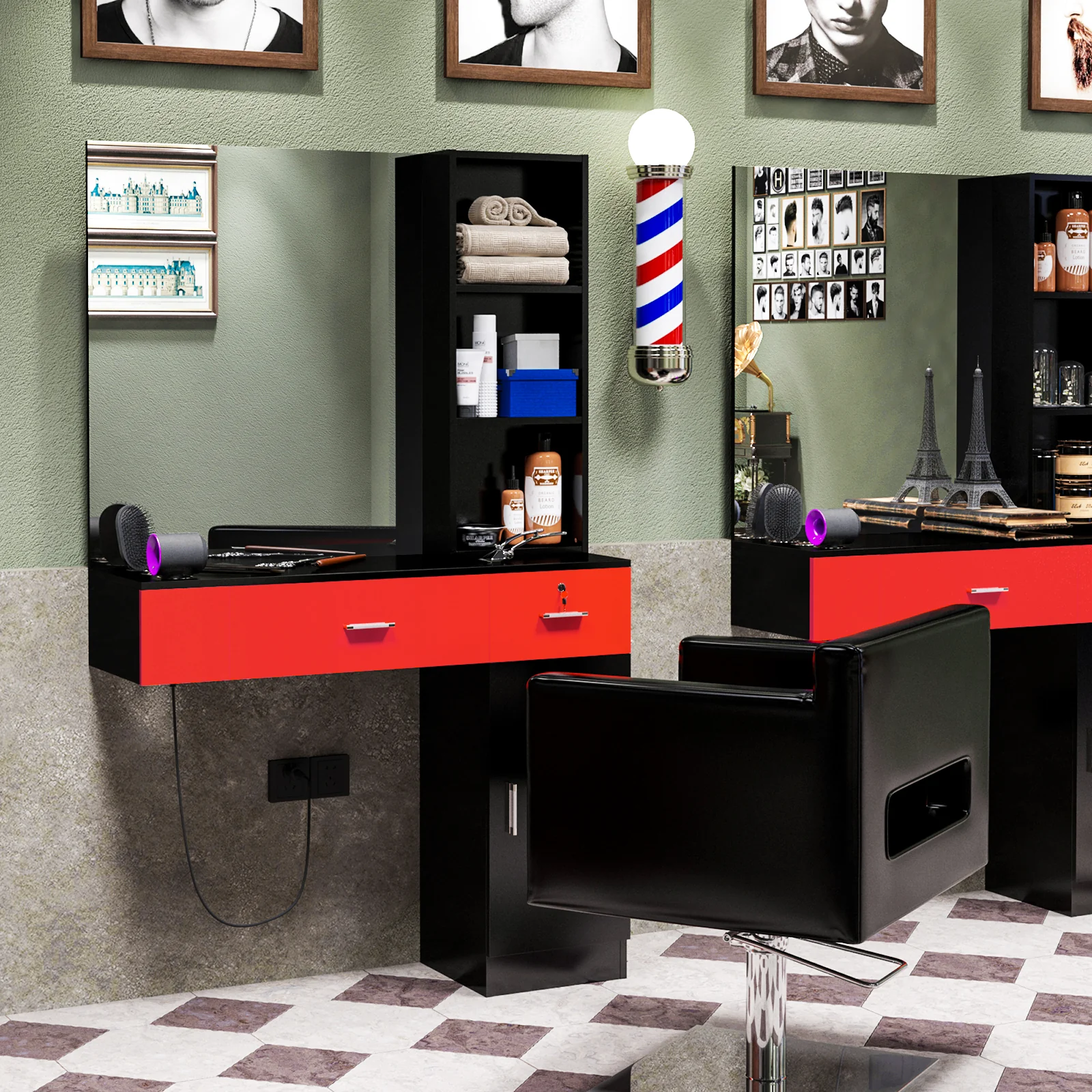 OmySalon HSC-15 Wall Mount Barber Station 2 Drawers 1 Storage Cabinet 3 Open Shelves with Mirror - Image 9
