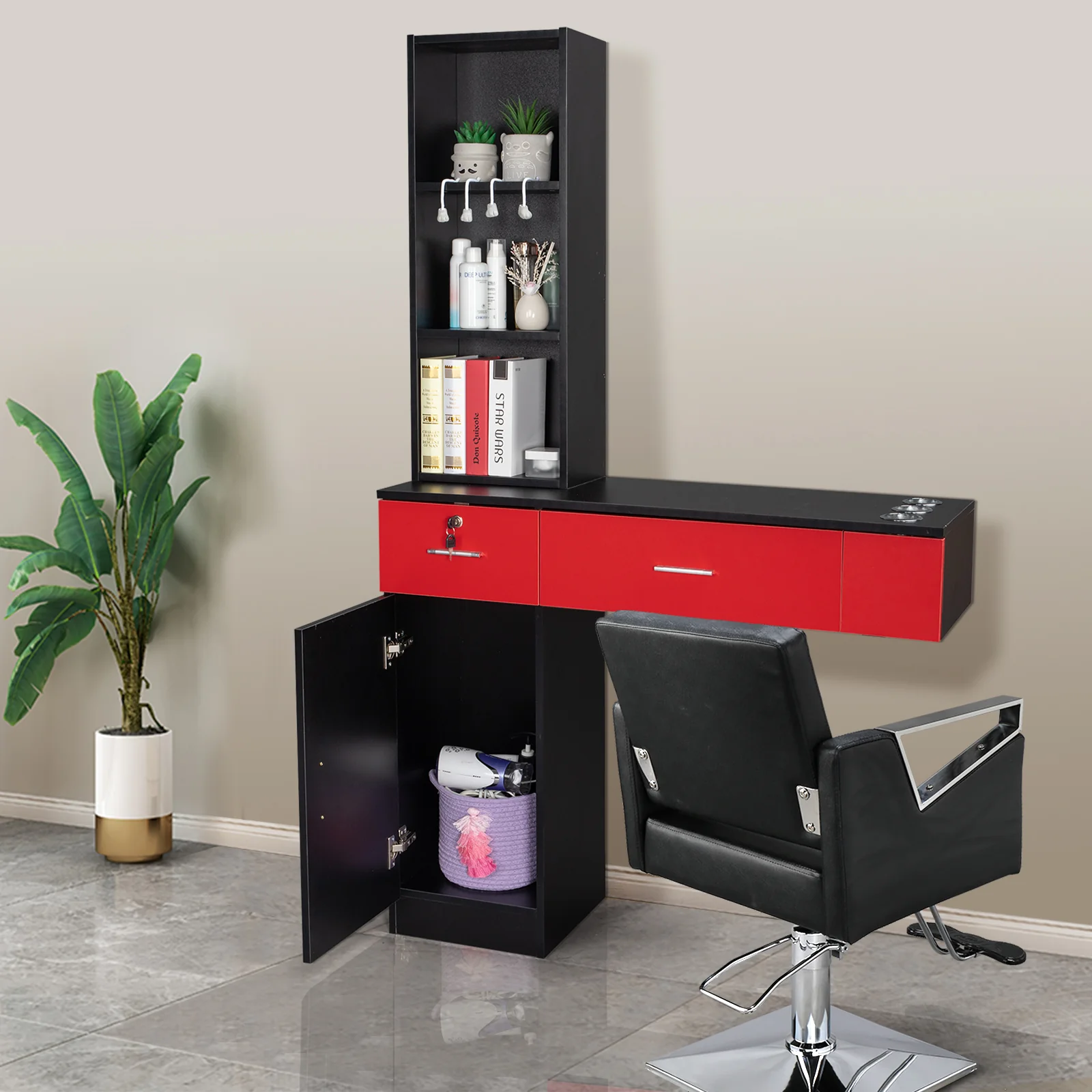 OmySalon HSC-06 Wall Mount Barber Station w/2 Drawers 1 Storage Cabinet 3 Open Shelves - Image 11