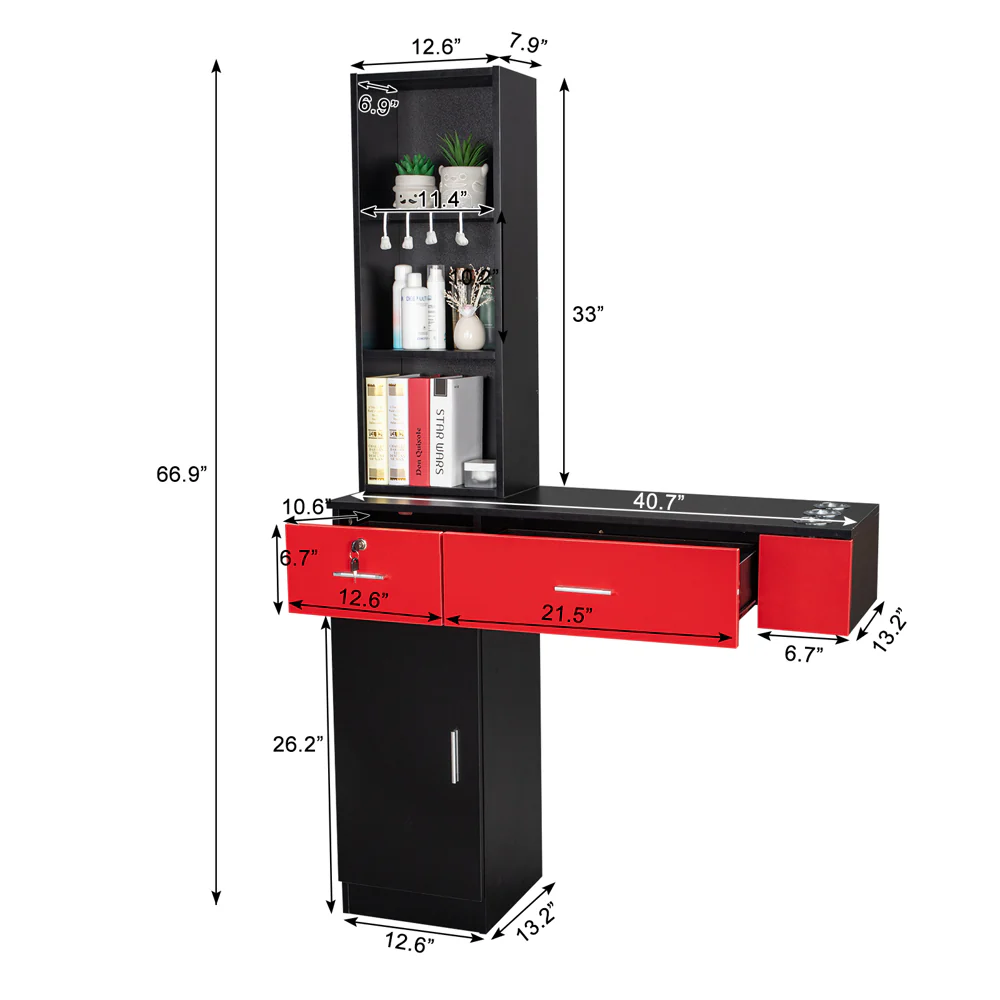 OmySalon HSC-06 Wall Mount Barber Station w/2 Drawers 1 Storage Cabinet 3 Open Shelves - Image 14
