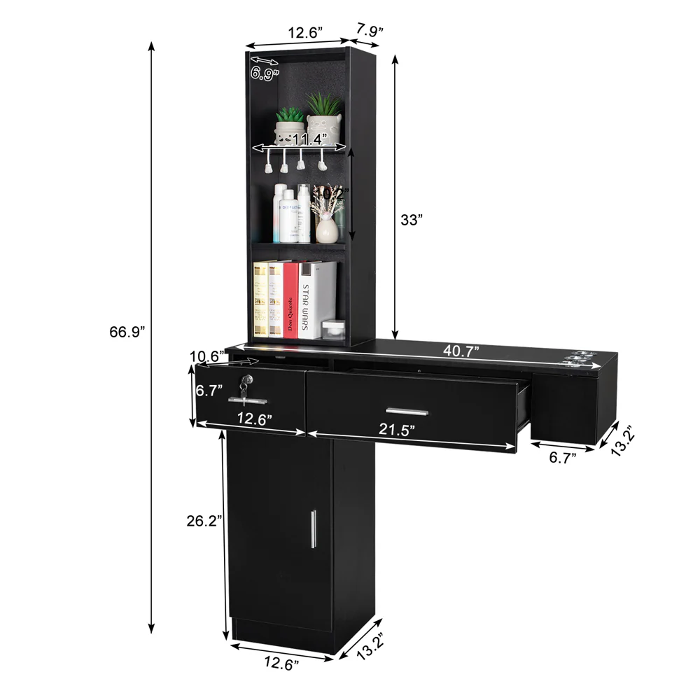 OmySalon HSC-06 Wall Mount Barber Station w/2 Drawers 1 Storage Cabinet 3 Open Shelves - Image 4