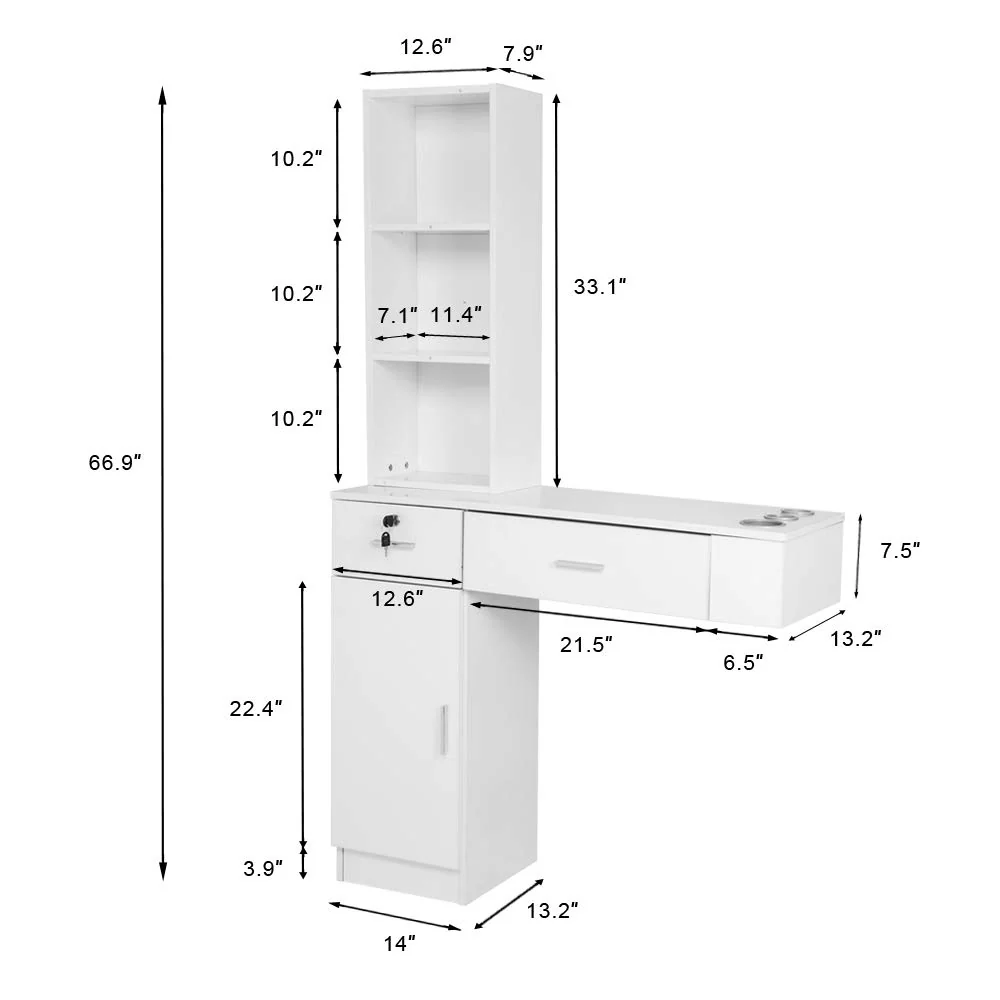 OmySalon HSC-06 Wall Mount Barber Station w/2 Drawers 1 Storage Cabinet 3 Open Shelves - Image 9