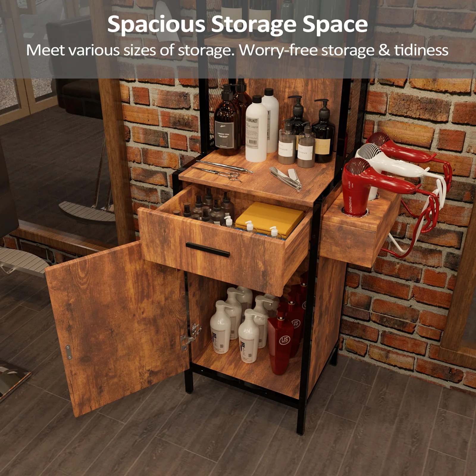 OmySalon Barber Storage Station Cabinet w/1 Drawer 3-Tier Storage Shelf 1 Storage Cabinet 3 Hair Dryer Holders - Image 16