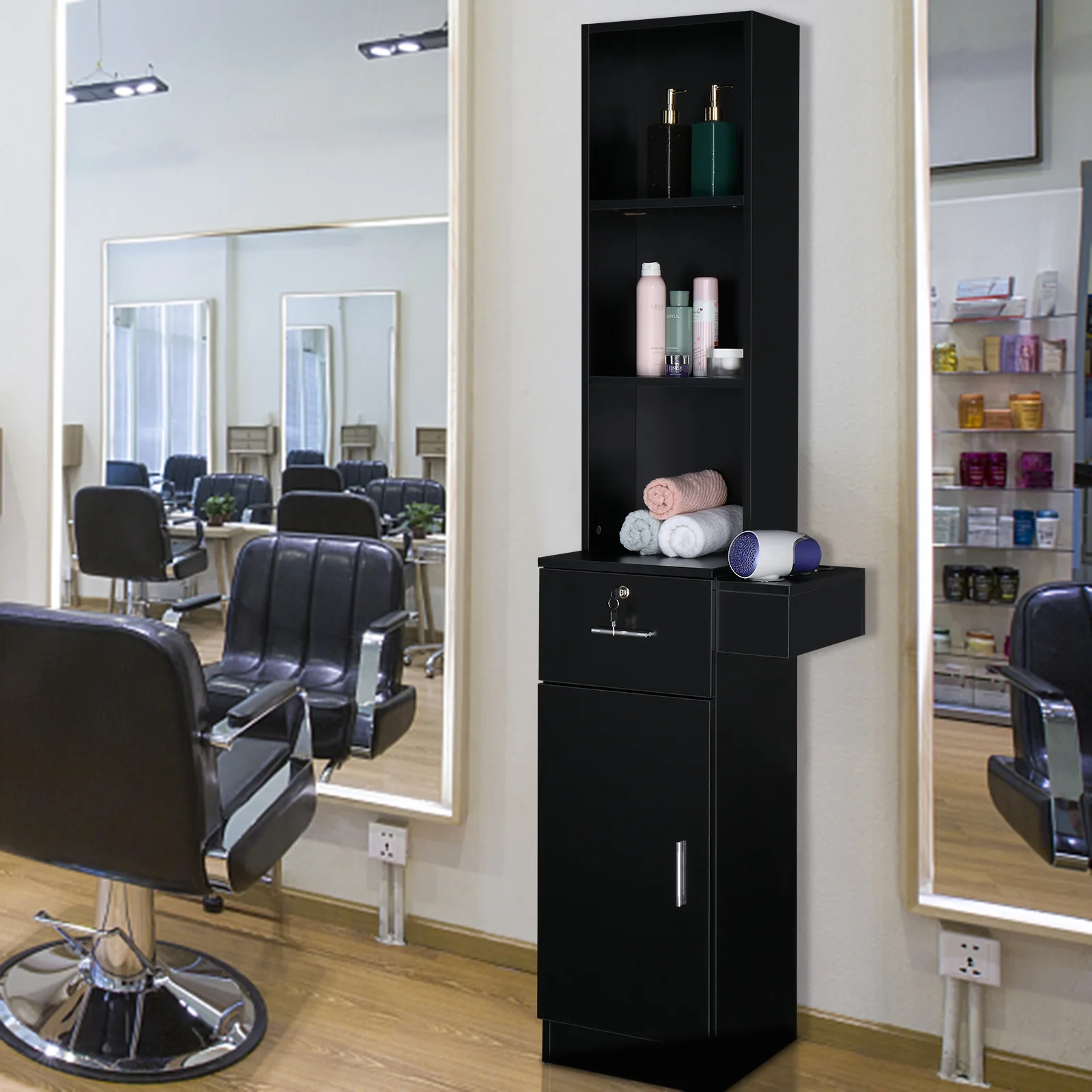 OmySalon Barber Storage Station Cabinet w/1 Drawer 3-Tier Storage Shelf 1 Storage Cabinet 3 Hair Dryer Holders - Image 3