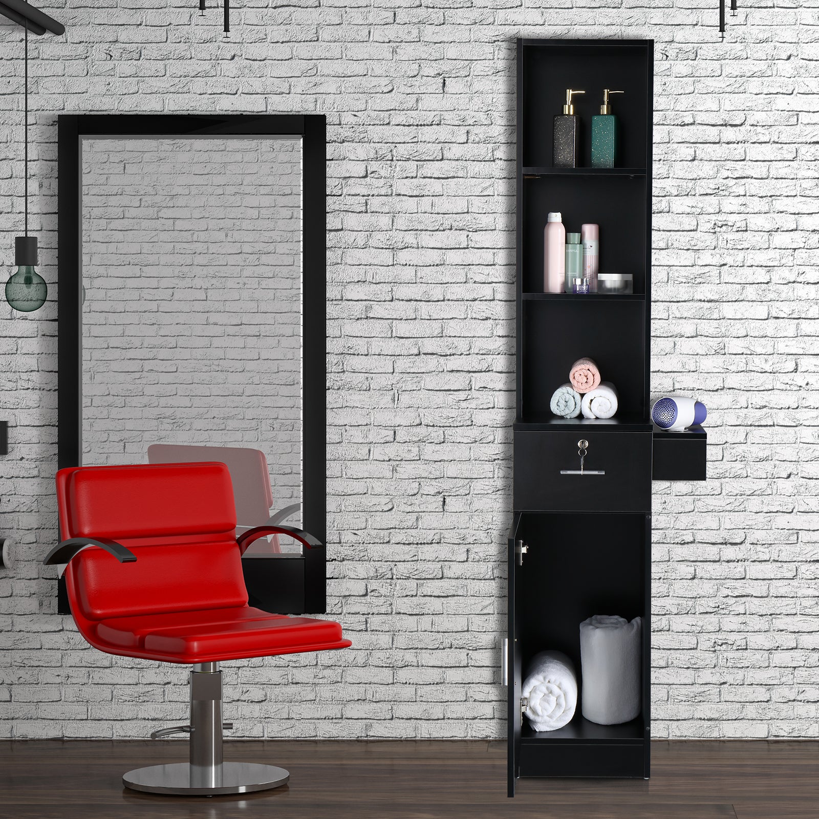 OmySalon Barber Storage Station Cabinet w/1 Drawer 3-Tier Storage Shelf 1 Storage Cabinet 3 Hair Dryer Holders - Image 4