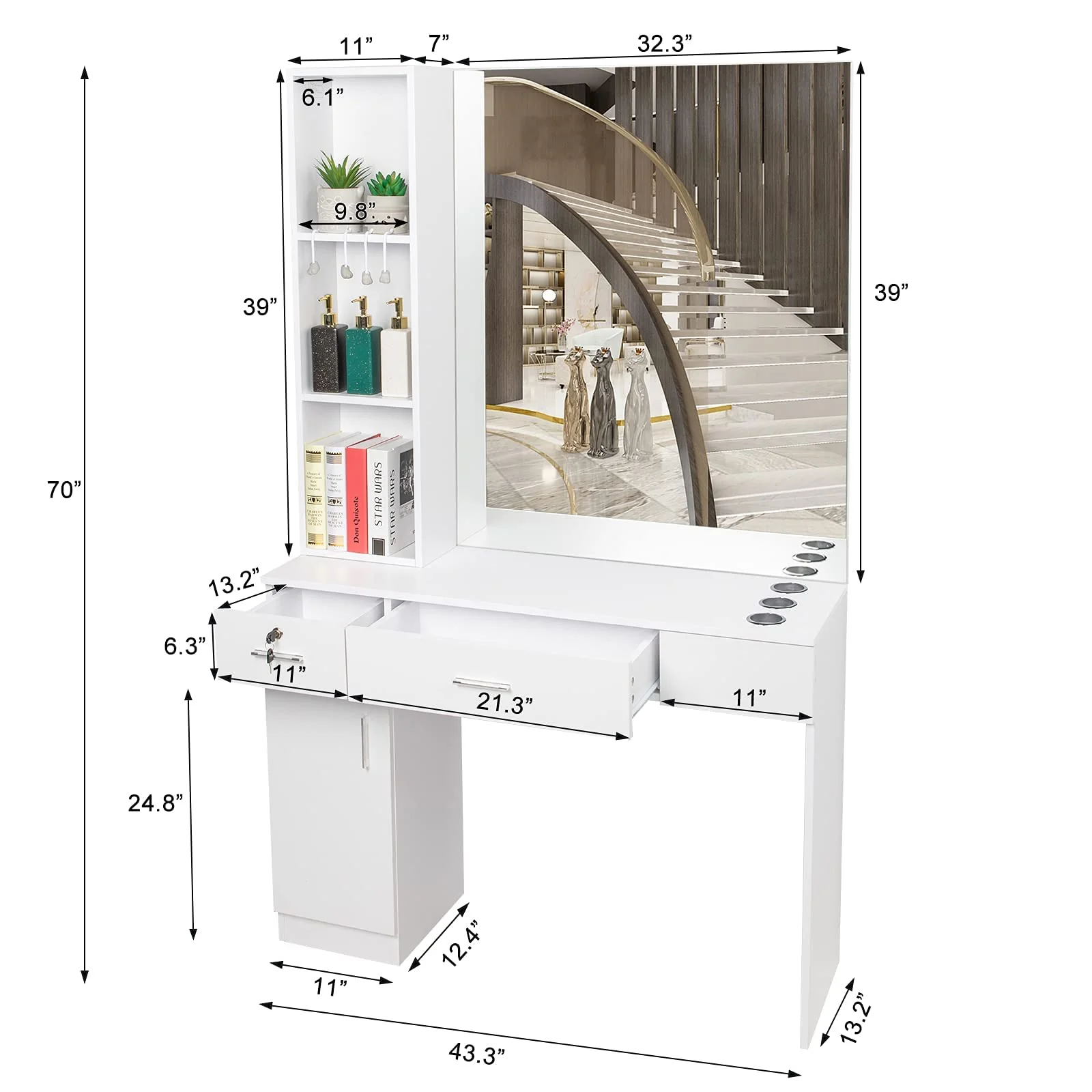OmySalon HSC-09 Wall Mount Barber Station 2 Drawers 1 Storage Cabinet 3 Open Shelves with Mirror & Support Leg - Image 10