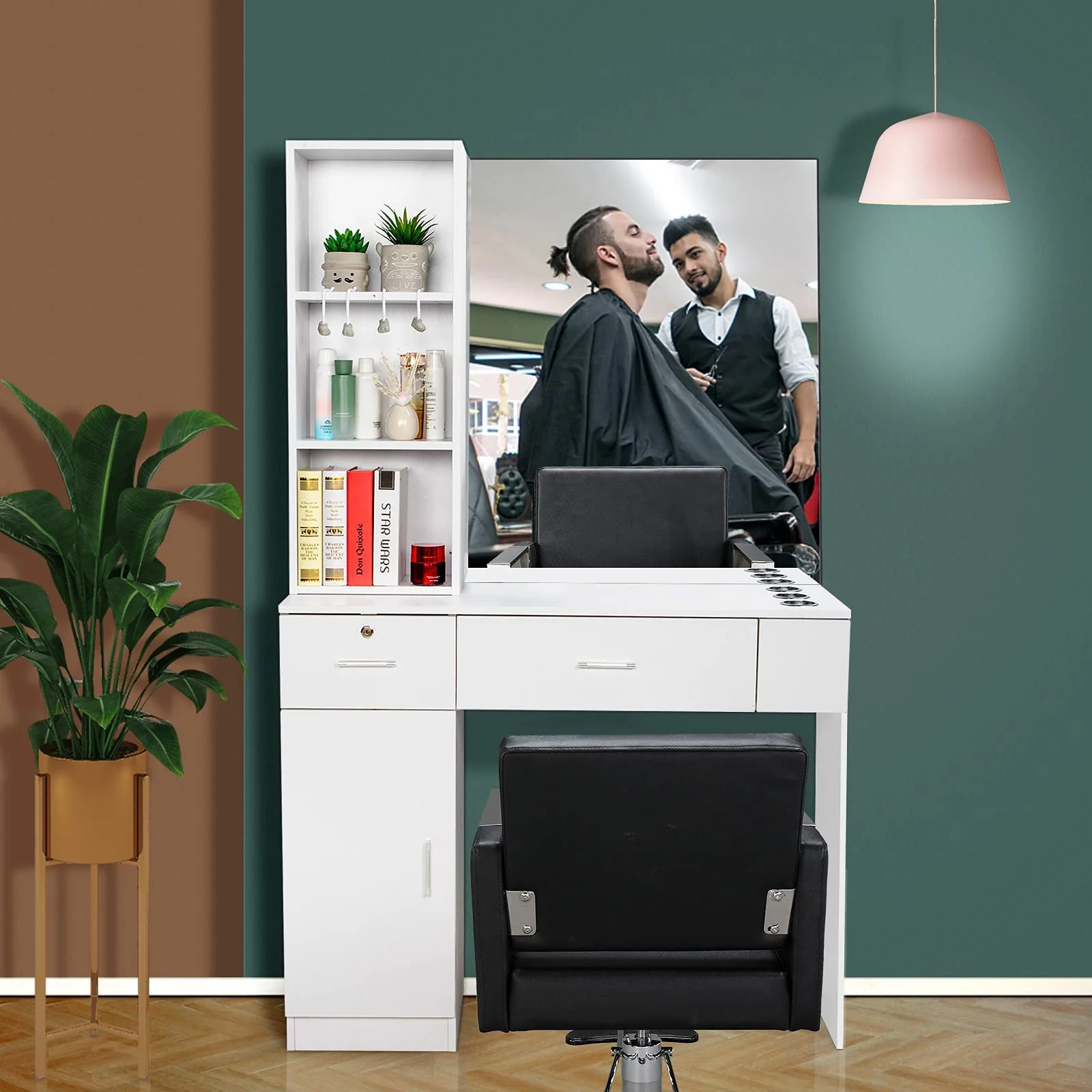 OmySalon HSC-09 Wall Mount Barber Station 2 Drawers 1 Storage Cabinet 3 Open Shelves with Mirror & Support Leg - Image 13