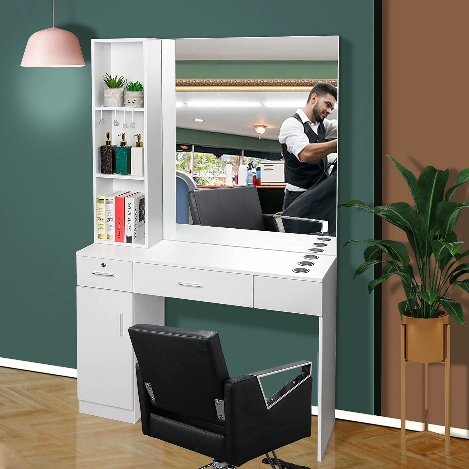 OmySalon HSC-09 Wall Mount Barber Station 2 Drawers 1 Storage Cabinet 3 Open Shelves with Mirror & Support Leg - Image 14