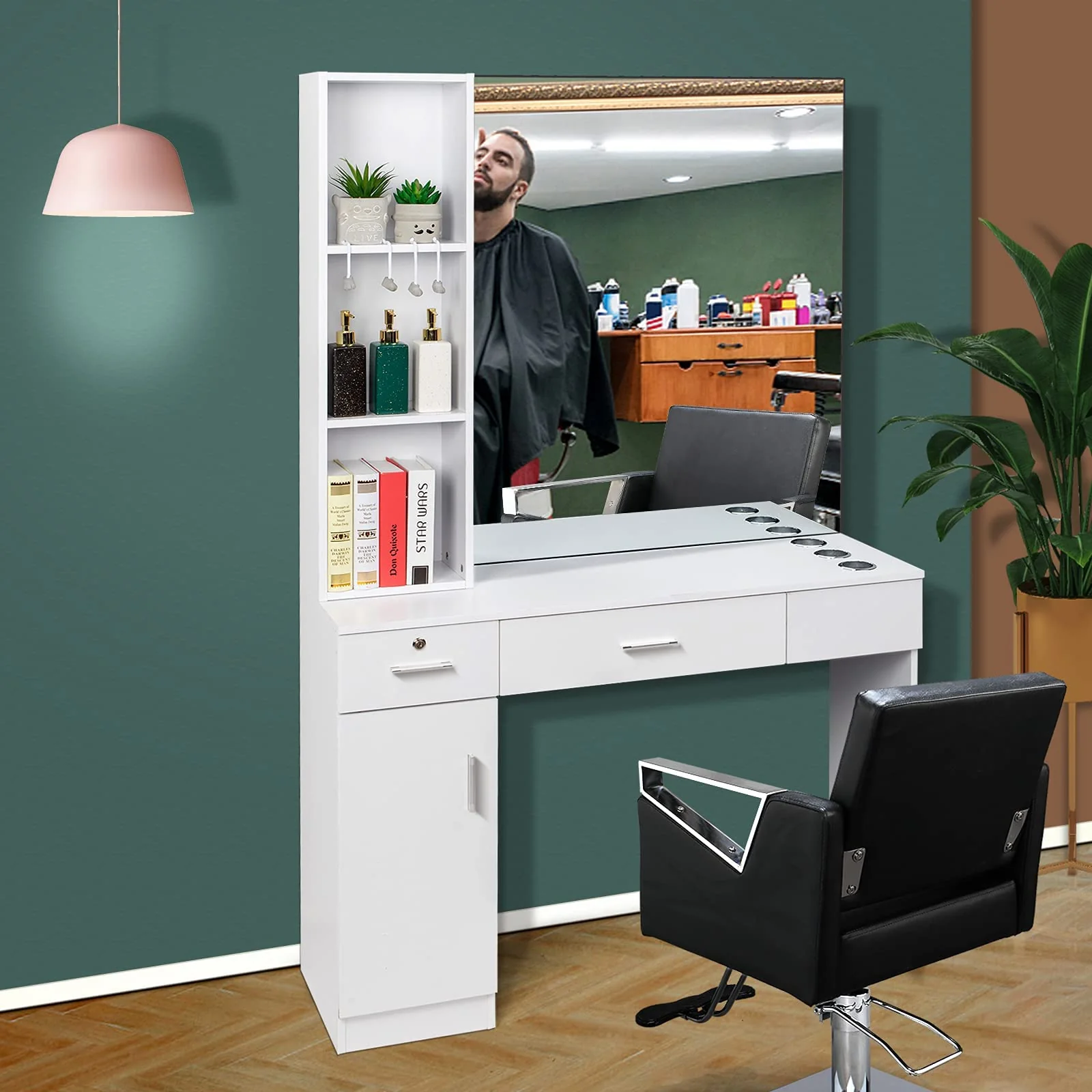 OmySalon HSC-09 Wall Mount Barber Station 2 Drawers 1 Storage Cabinet 3 Open Shelves with Mirror & Support Leg - Image 16