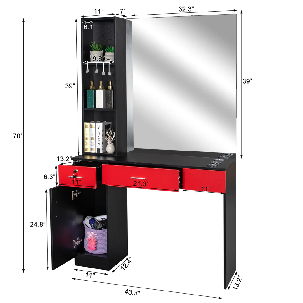 OmySalon HSC-09 Wall Mount Barber Station 2 Drawers 1 Storage Cabinet 3 Open Shelves with Mirror & Support Leg - Image 4