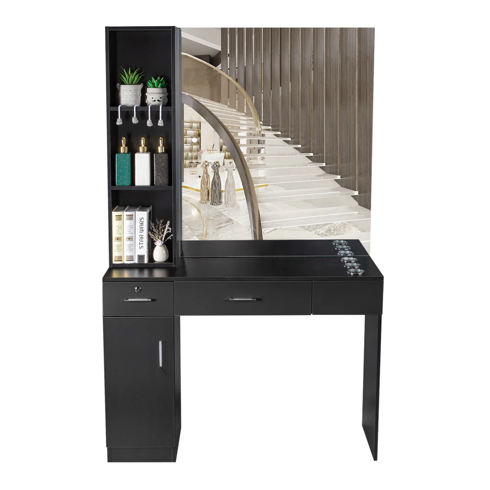 OmySalon HSC-09 Wall Mount Barber Station 2 Drawers 1 Storage Cabinet 3 Open Shelves with Mirror & Support Leg - Image 5
