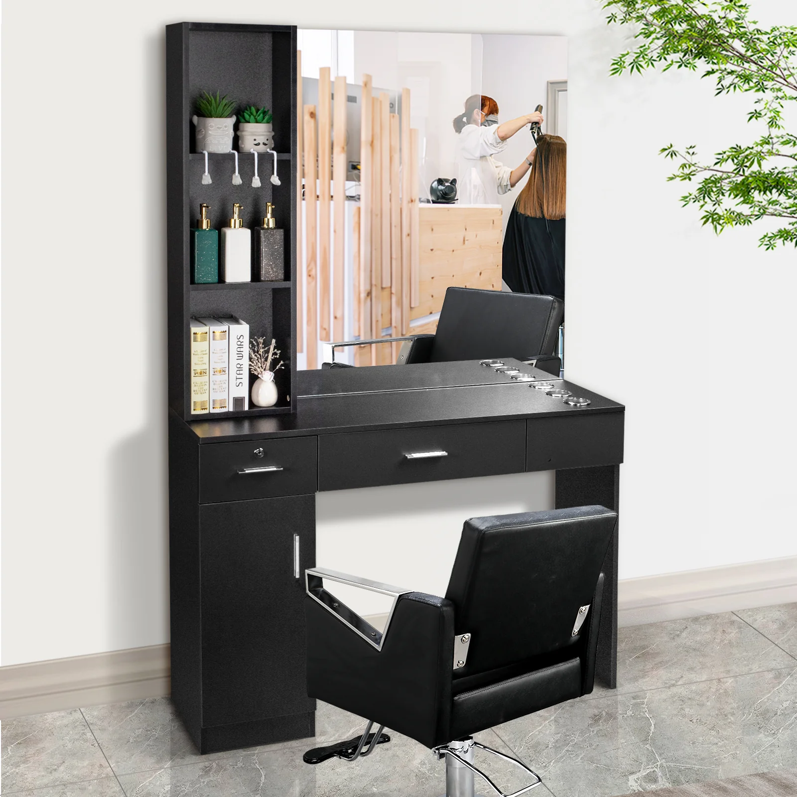 OmySalon HSC-09 Wall Mount Barber Station 2 Drawers 1 Storage Cabinet 3 Open Shelves with Mirror & Support Leg - Image 6