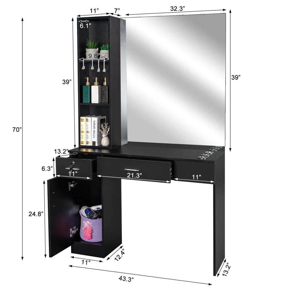 OmySalon HSC-09 Wall Mount Barber Station 2 Drawers 1 Storage Cabinet 3 Open Shelves with Mirror & Support Leg - Image 8